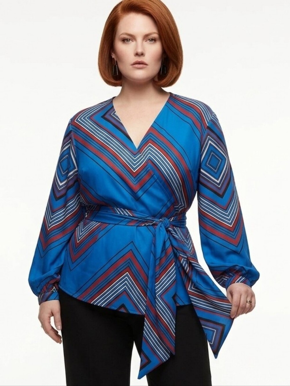 2X Wrap Blouse MOTF Blue and Rust Geometric Print
